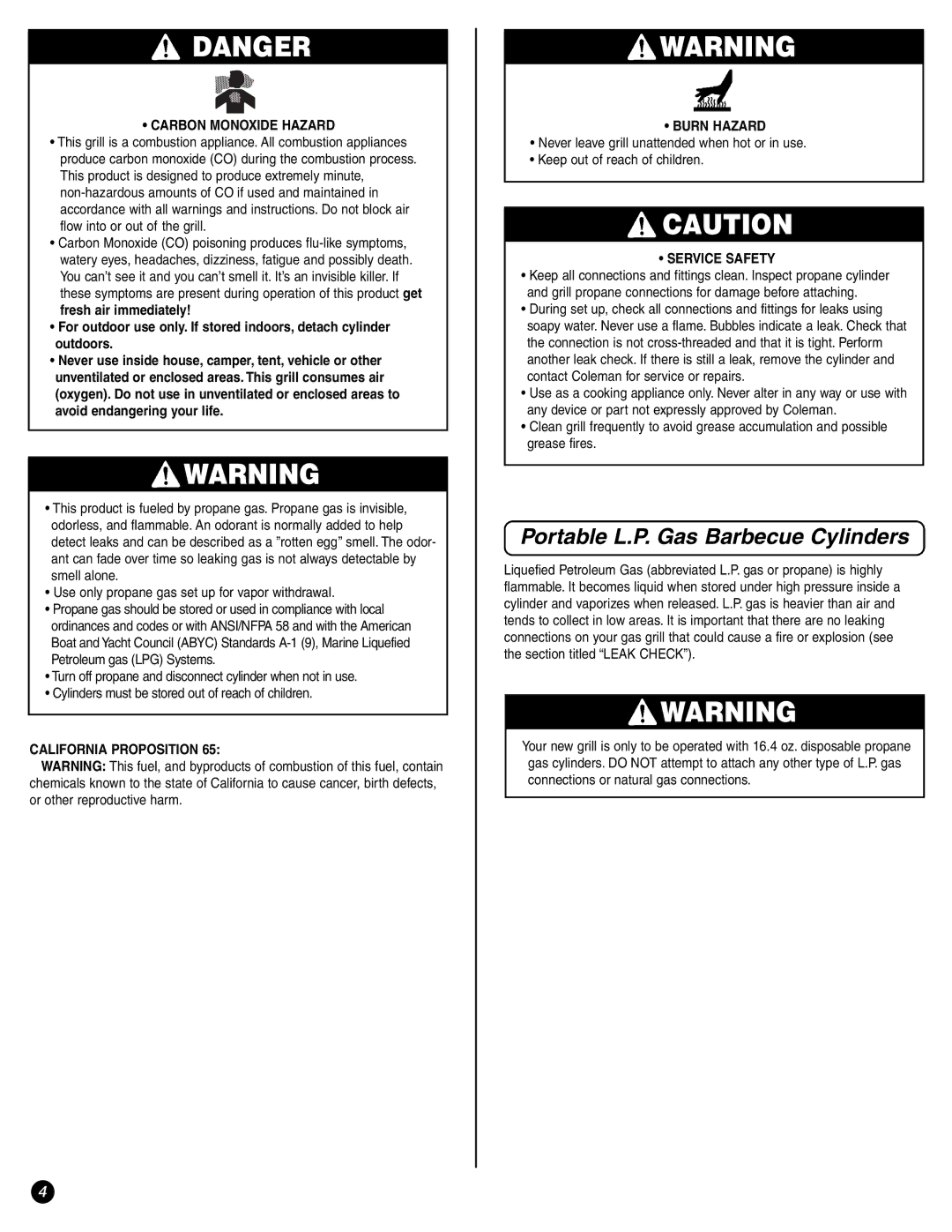 Coleman 9971-A50 instruction manual Portable L.P. Gas Barbecue Cylinders, Carbon Monoxide Hazard 