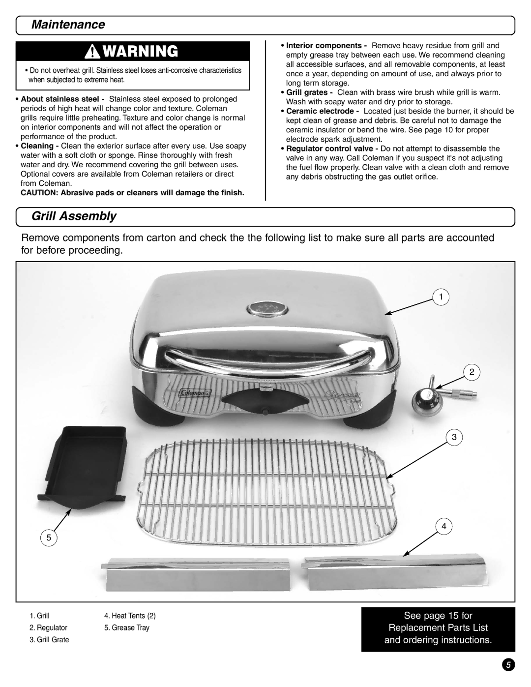 Coleman 9971-A50 instruction manual Maintenance, Grill Assembly 