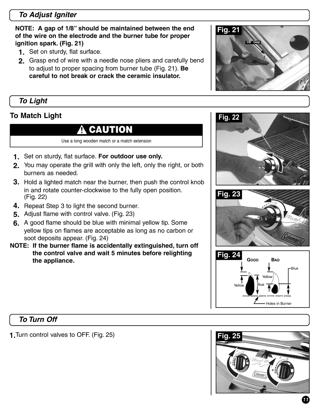 Coleman 9972 Series instruction manual To Adjust Igniter, To Turn Off 