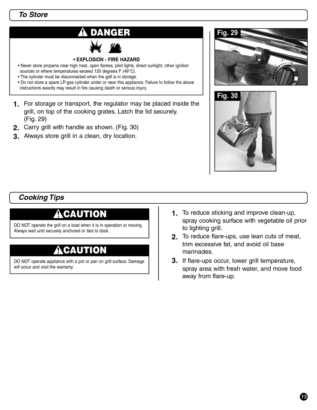 Coleman 9972 Series instruction manual To Store, Cooking Tips 