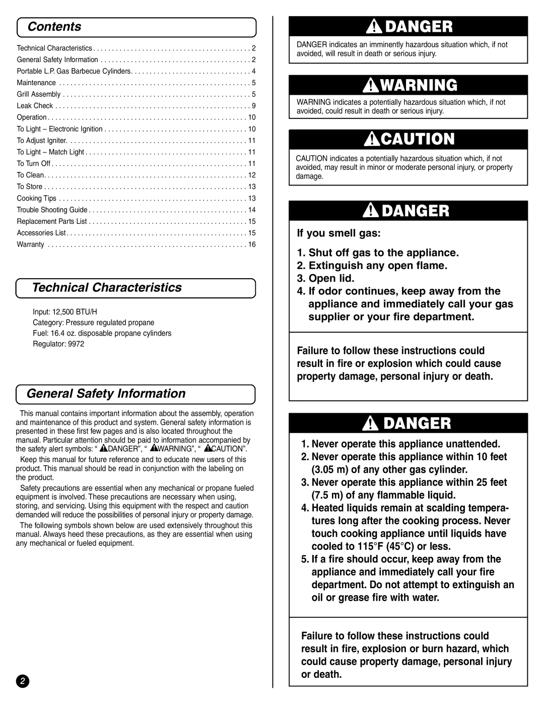 Coleman 9972 Series instruction manual Contents, Technical Characteristics, General Safety Information 