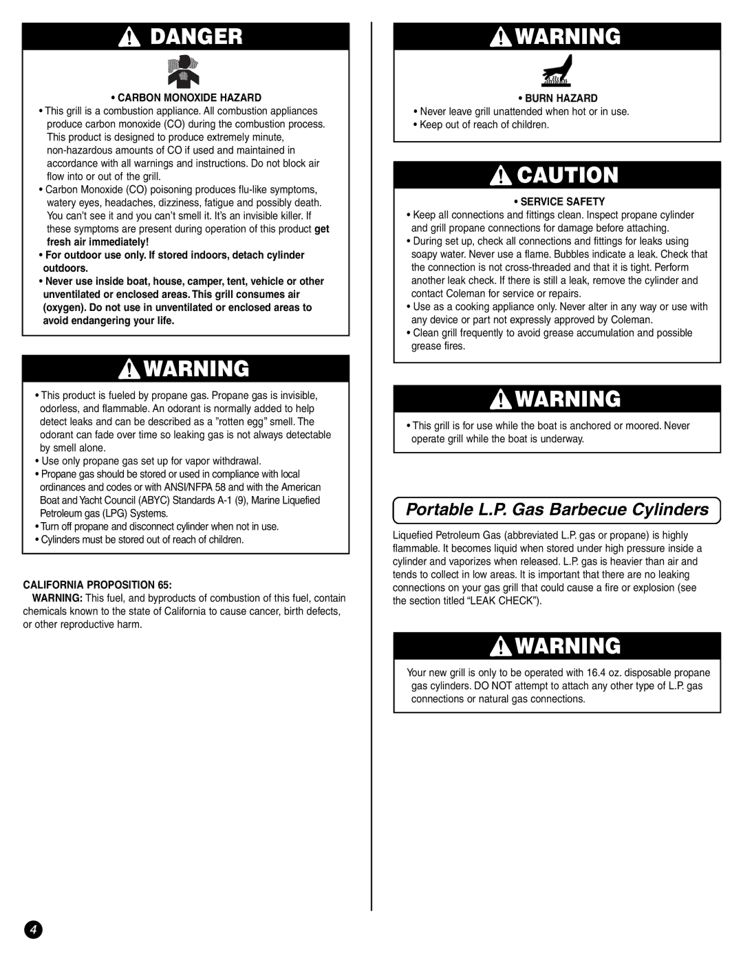 Coleman 9972 Series instruction manual Portable L.P. Gas Barbecue Cylinders, Carbon Monoxide Hazard 