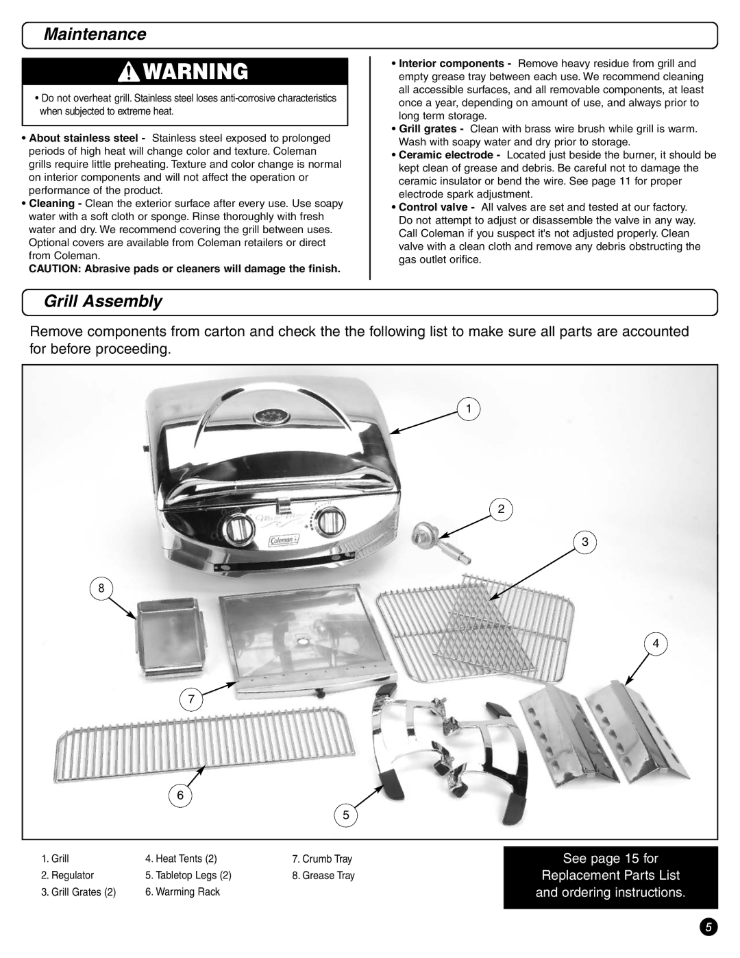 Coleman 9972 Series instruction manual Maintenance, Grill Assembly 