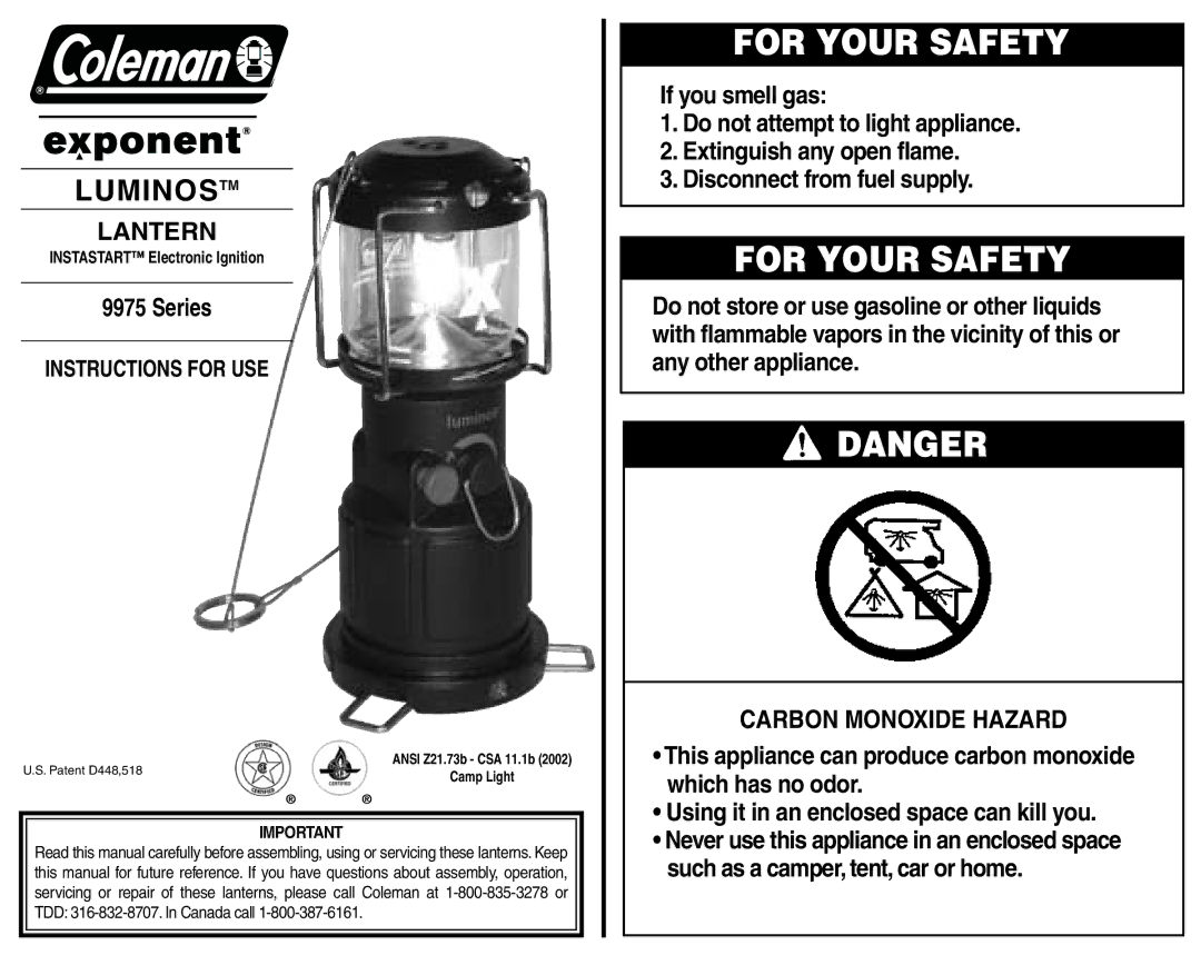 Coleman 9975 manual For Your Safety, Lantern, Series, Carbon Monoxide Hazard, Instastart Electronic Ignition 