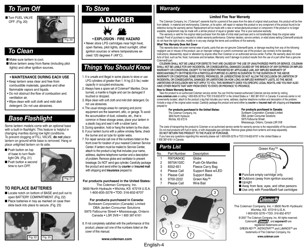 Coleman 9975 manual To Turn Off, To Clean, Base Flashlight, To Store 