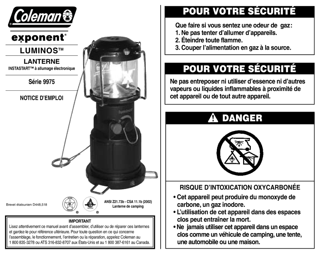 Coleman 9975 Pour Votre Sécurité, Lanterne, Série, Risque D’INTOXICATION Oxycarbonée, Instastart à allumage électronique 