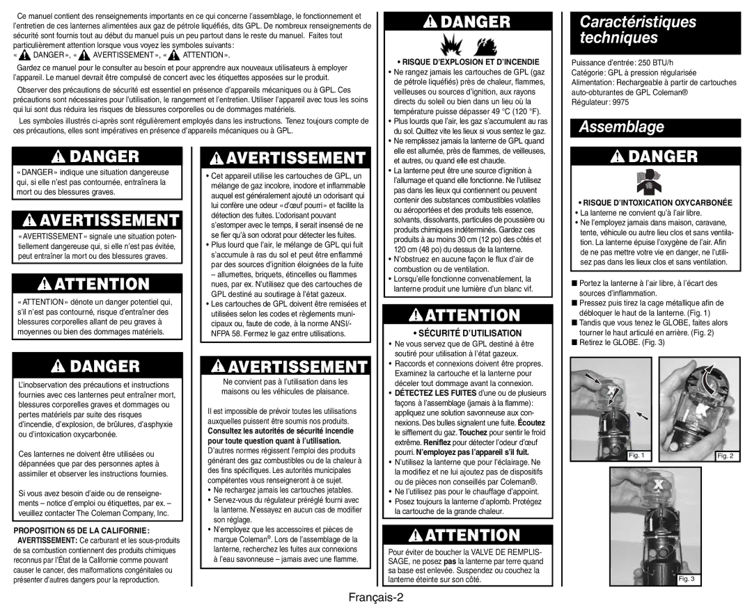 Coleman 9975 manual Assemblage, Français-2, Sécurité D’UTILISATION, Risque D’EXPLOSION ET D’INCENDIE 