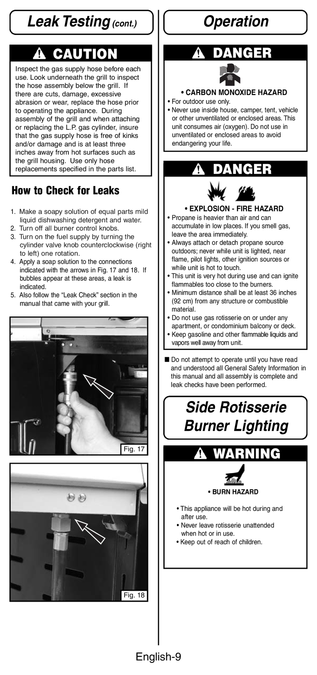 Coleman 9987 Series instruction manual Operation, Side Rotisserie Burner Lighting, How to Check for Leaks, English-9 