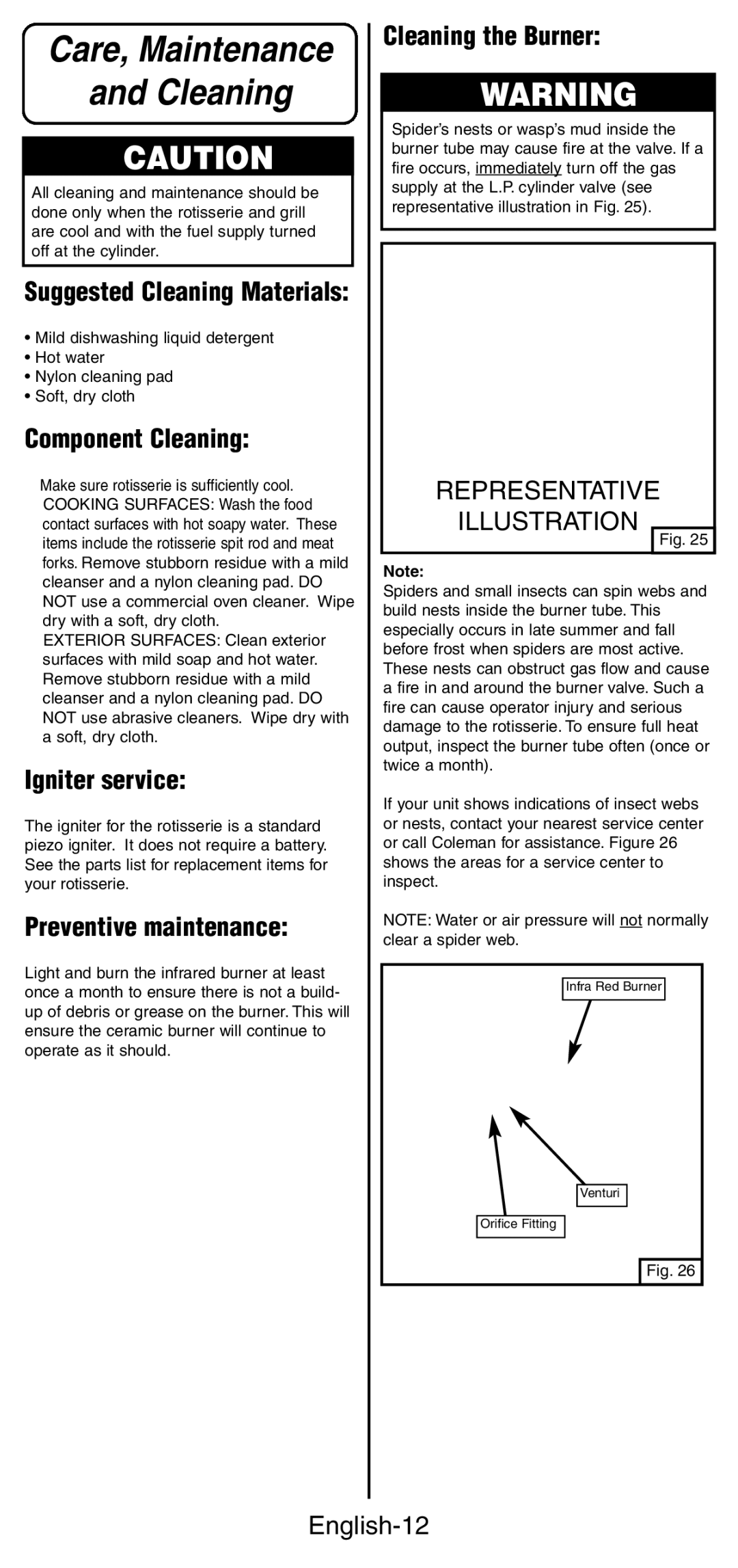 Coleman 9987 Series instruction manual Component Cleaning, Igniter service, Preventive maintenance, Cleaning the Burner 