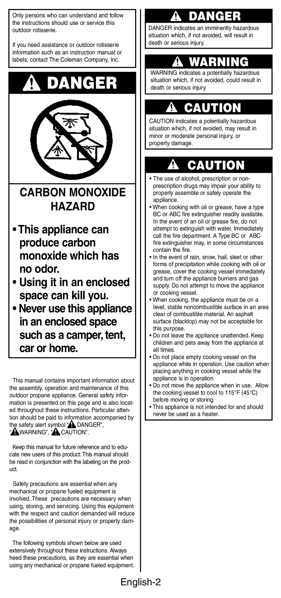 Coleman 9987 Series instruction manual Carbon Monoxide Hazard, English-2 