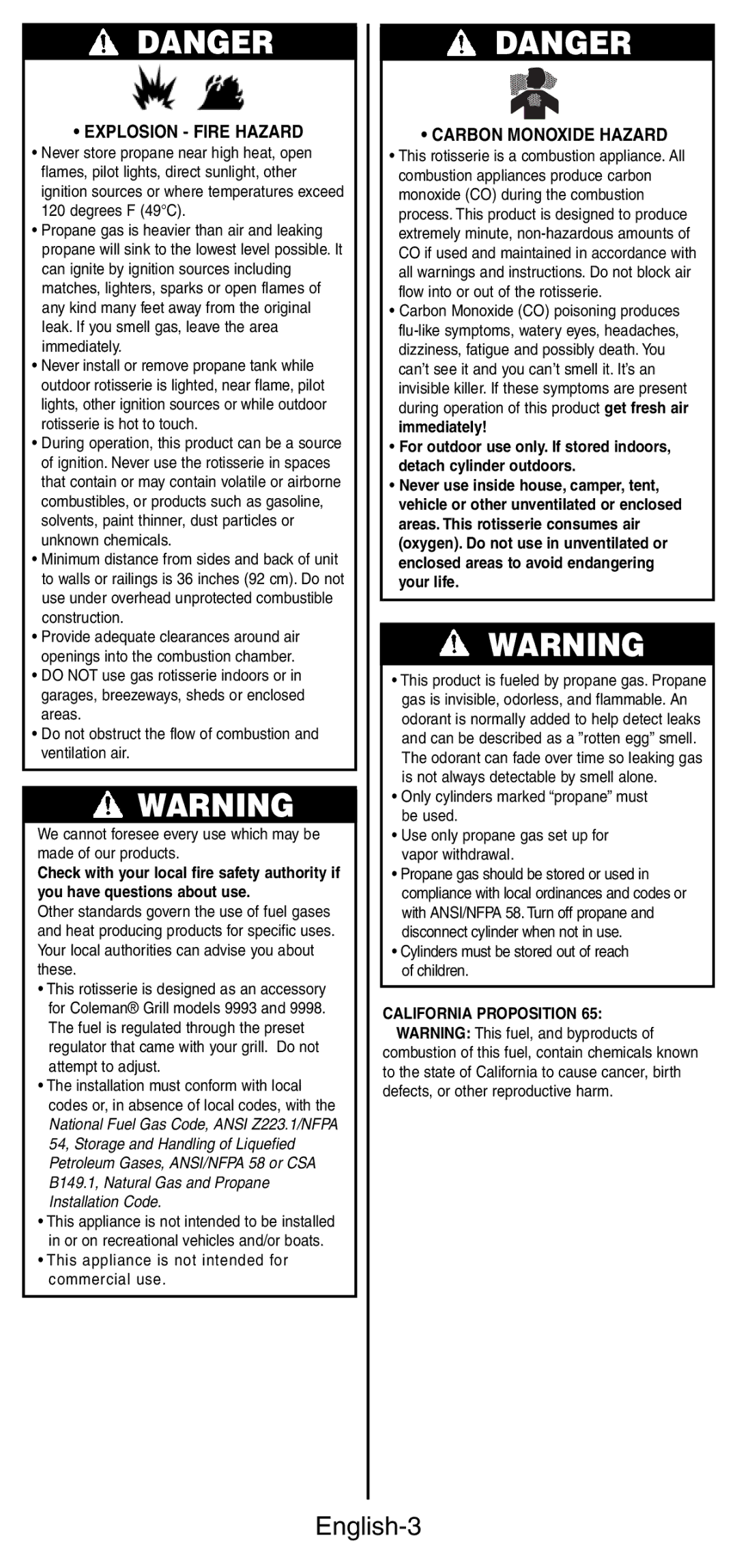 Coleman 9987 Series instruction manual English-3, Explosion Fire Hazard 