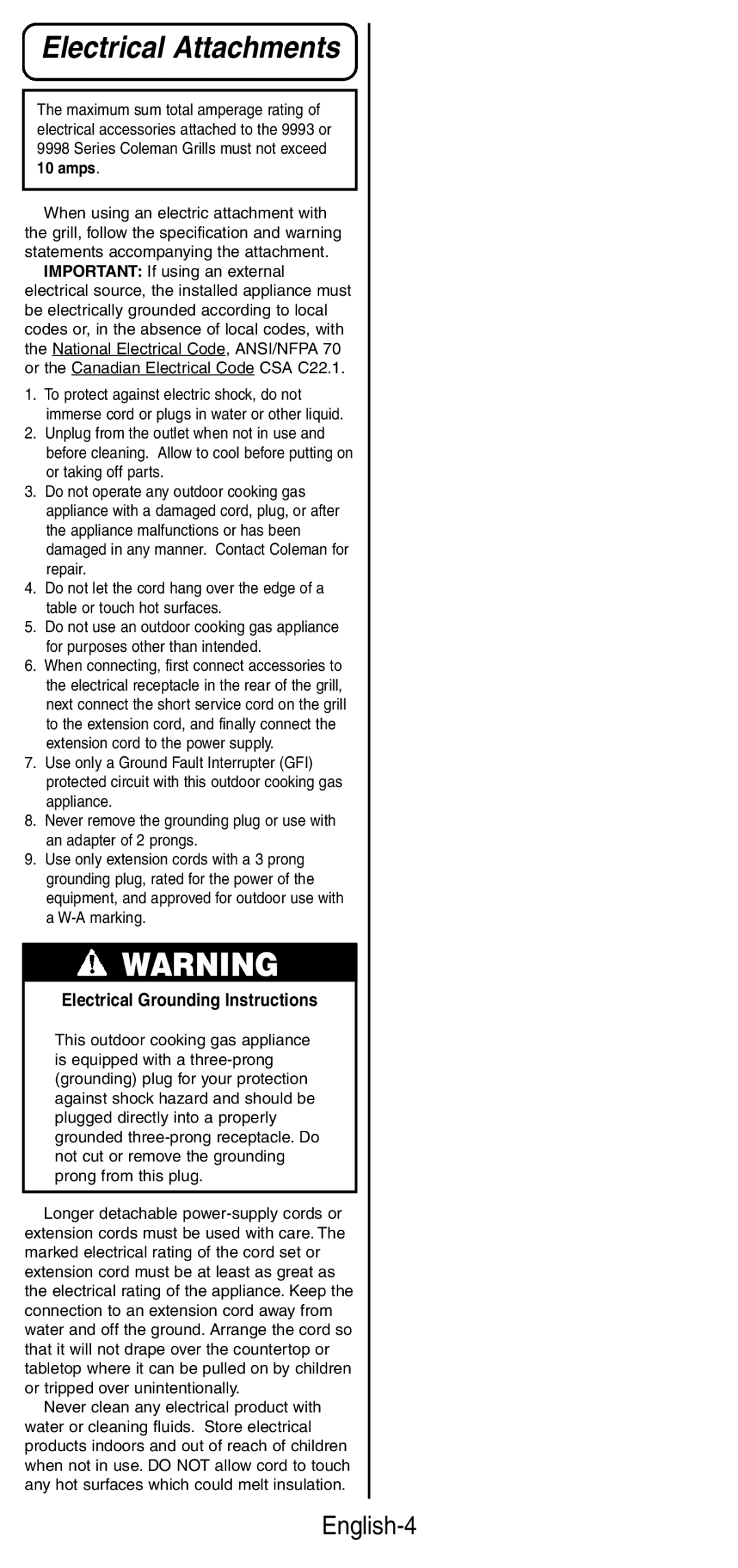 Coleman 9987 Series instruction manual Electrical Attachments, English-4 