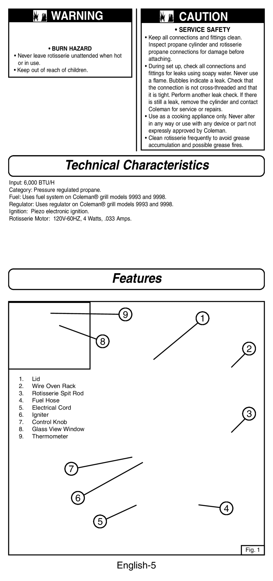 Coleman 9987 Series instruction manual Technical Characteristics, English-5 