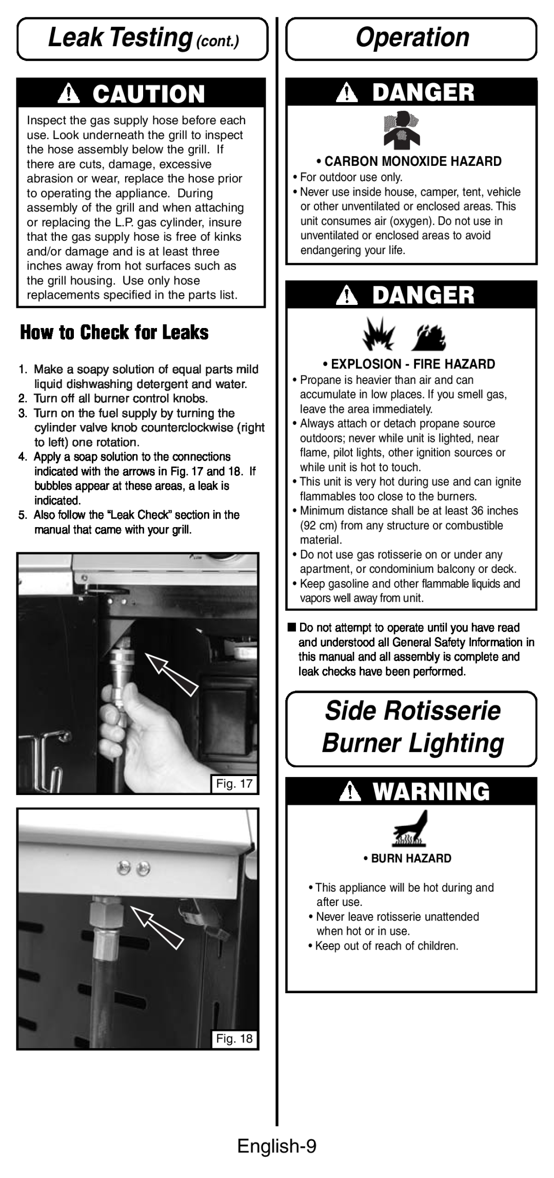 Coleman 9987 Series Leak Testing cont, Operation, Side Rotisserie Burner Lighting, Danger, English-9, Burn Hazard 