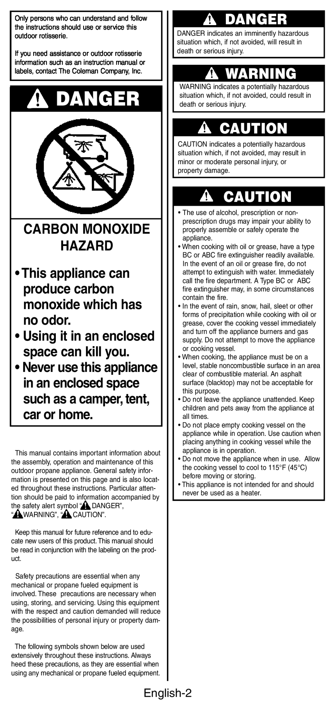 Coleman 9987 Series instruction manual Danger, This appliance can produce carbon monoxide which has no odor, English-2 