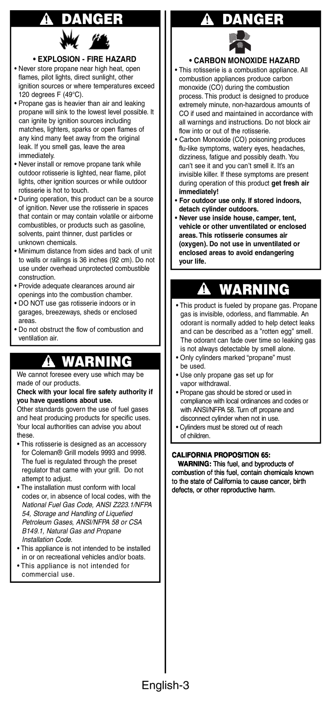 Coleman 9987 Series instruction manual Danger, English-3, Explosion - Fire Hazard, Carbon Monoxide Hazard 