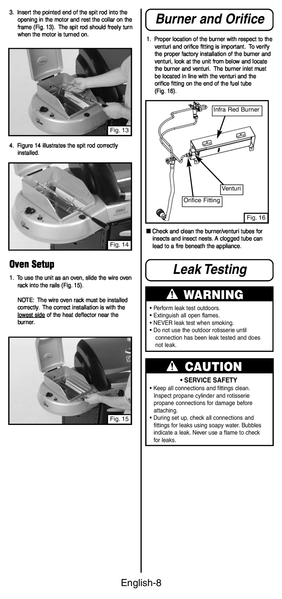 Coleman 9987 Series instruction manual Burner and Orifice, Leak Testing, Oven Setup, English-8, Service Safety 