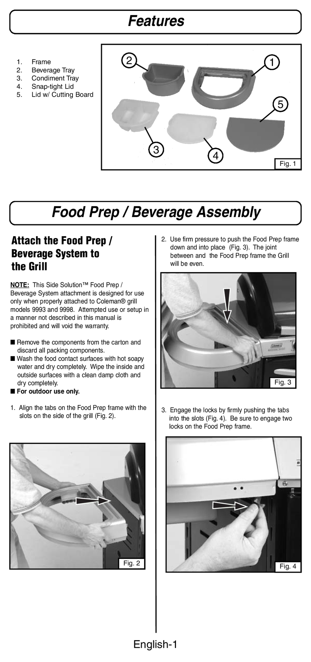 Coleman 9989 Features, Food Prep / Beverage Assembly, Attach the Food Prep / Beverage System to the Grill 