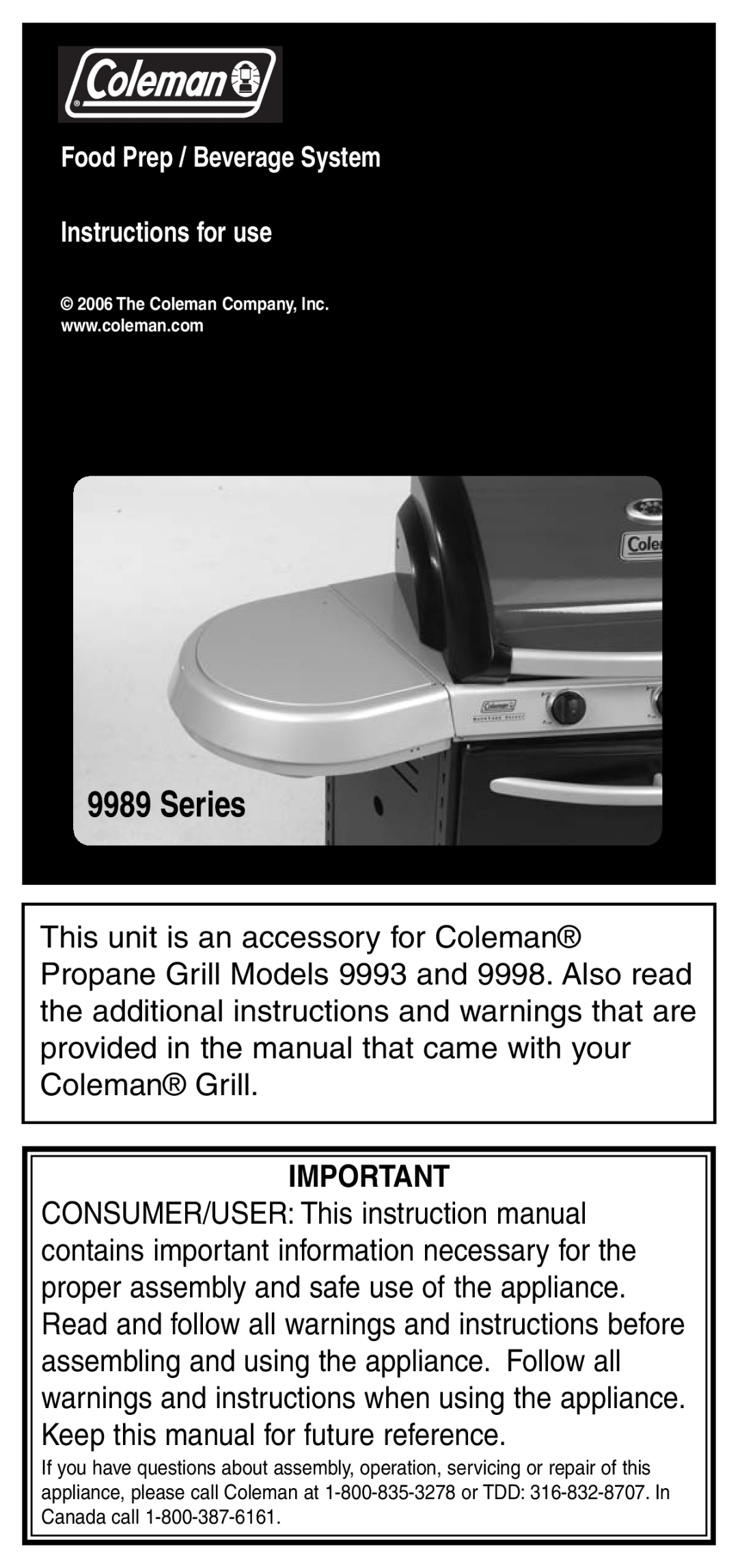 Coleman 9989 instruction manual Series, Food Prep / Beverage System Instructions for use 
