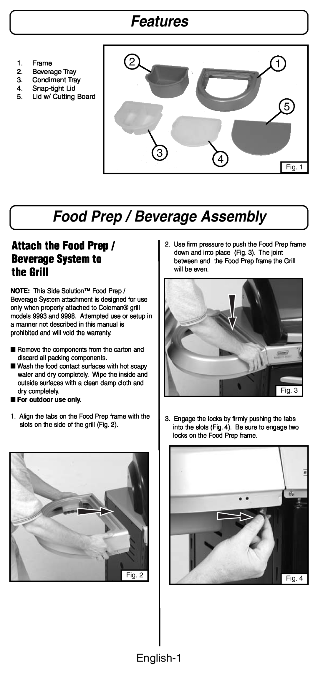 Coleman 9989 Features, Food Prep / Beverage Assembly, Attach the Food Prep / Beverage System to the Grill, English-1 