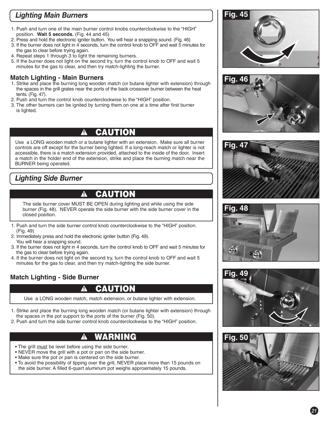 Coleman 9992-644 manual Match Lighting Main Burners, Match Lighting Side Burner 