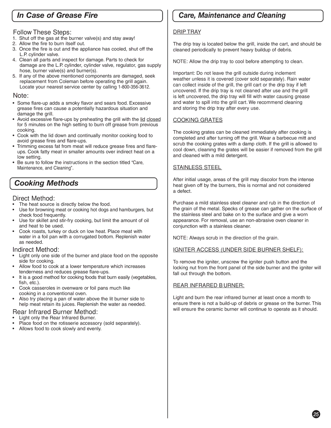 Coleman 9992-644 manual Case of Grease Fire, Cooking Methods, Care, Maintenance and Cleaning 