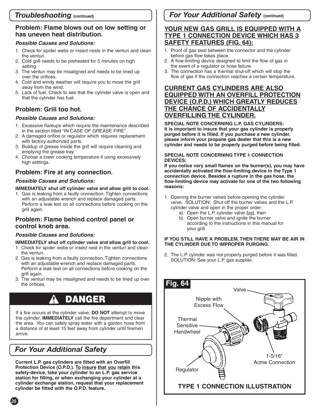 Coleman 9992-644 manual For Your Additional Safety, Problem Grill too hot, Problem Fire at any connection 