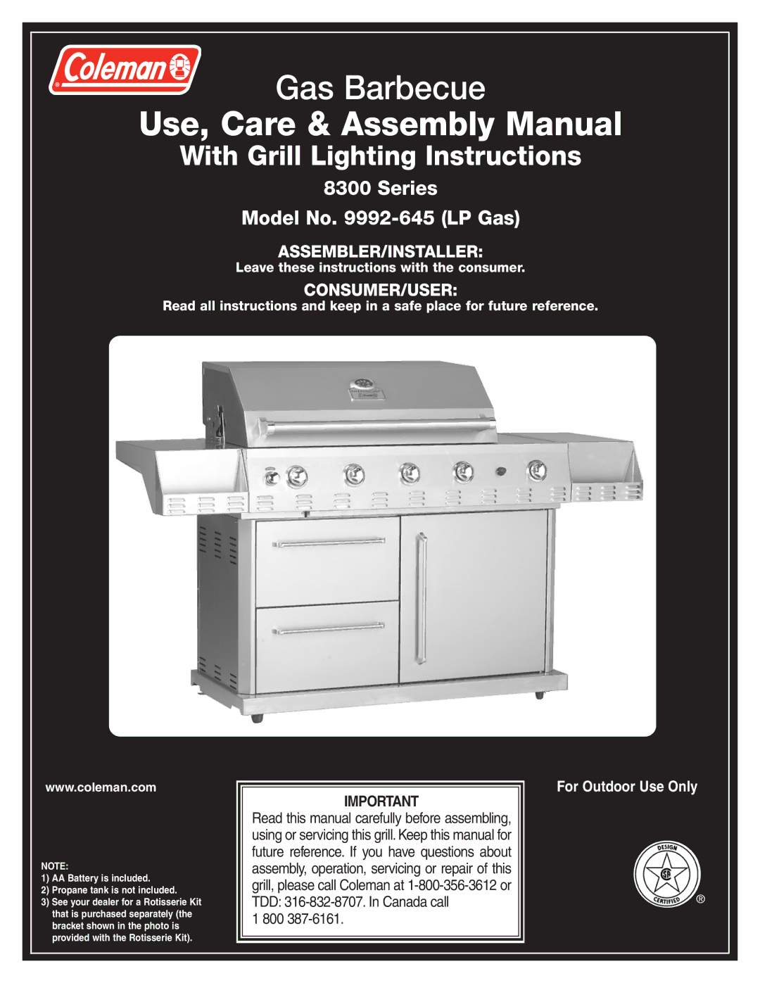 Coleman 9992-645 manual Use, Care & Assembly Manual 