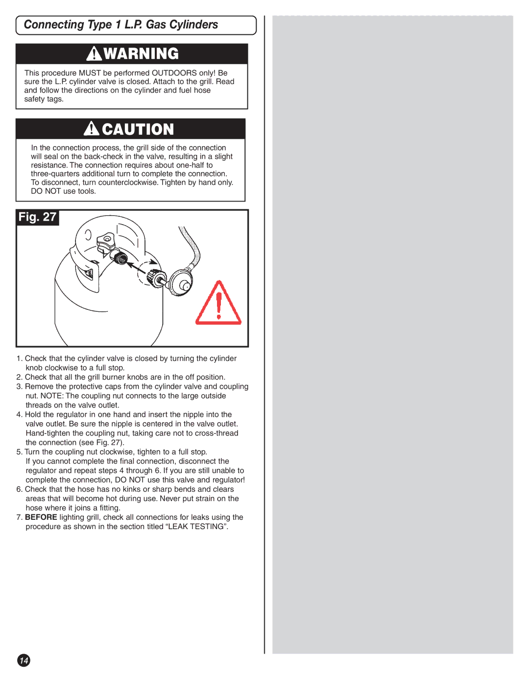 Coleman 9992-645 manual Connecting Type 1 L.P. Gas Cylinders 