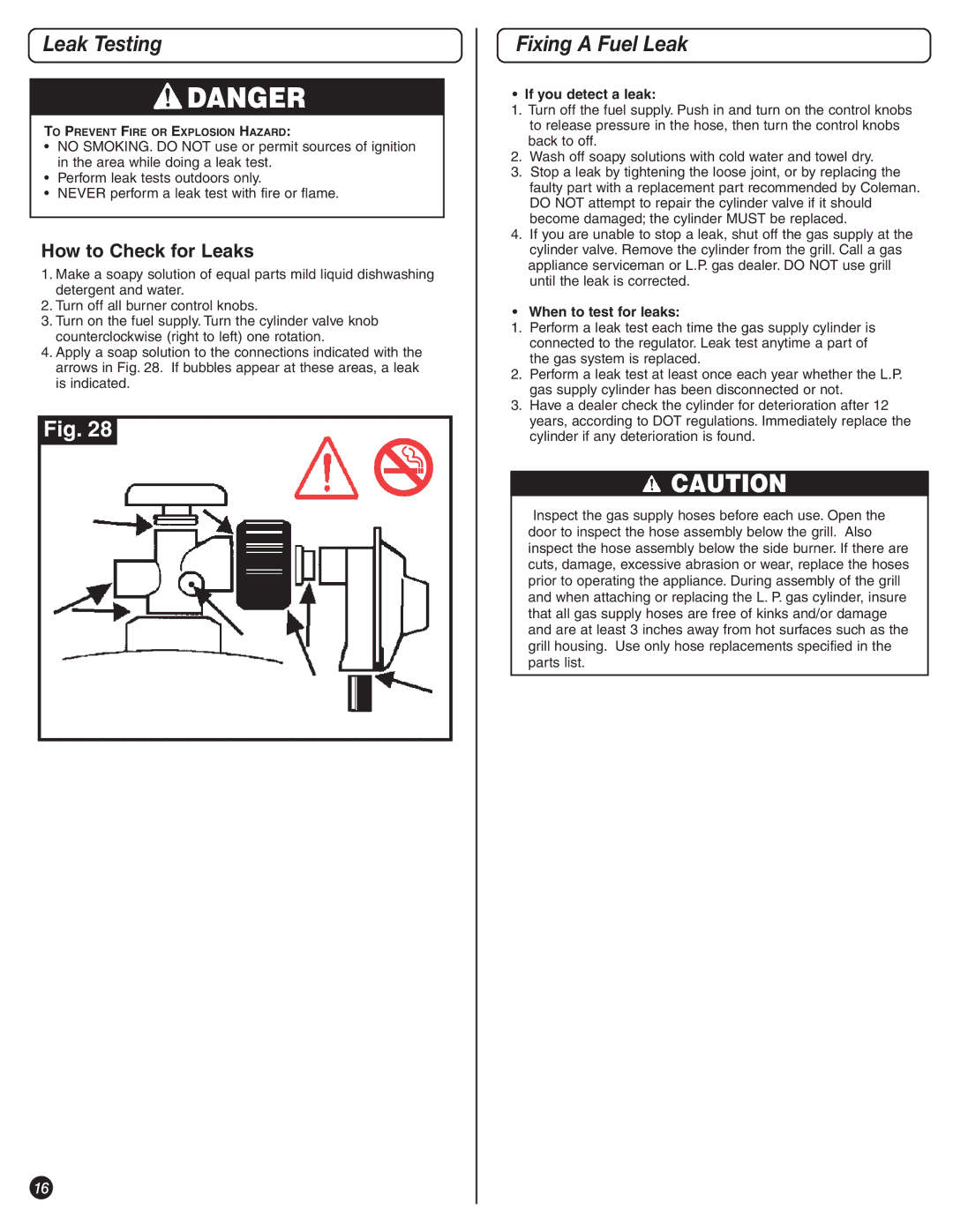 Coleman 9992-645 manual Leak Testing, Fixing a Fuel Leak, How to Check for Leaks 