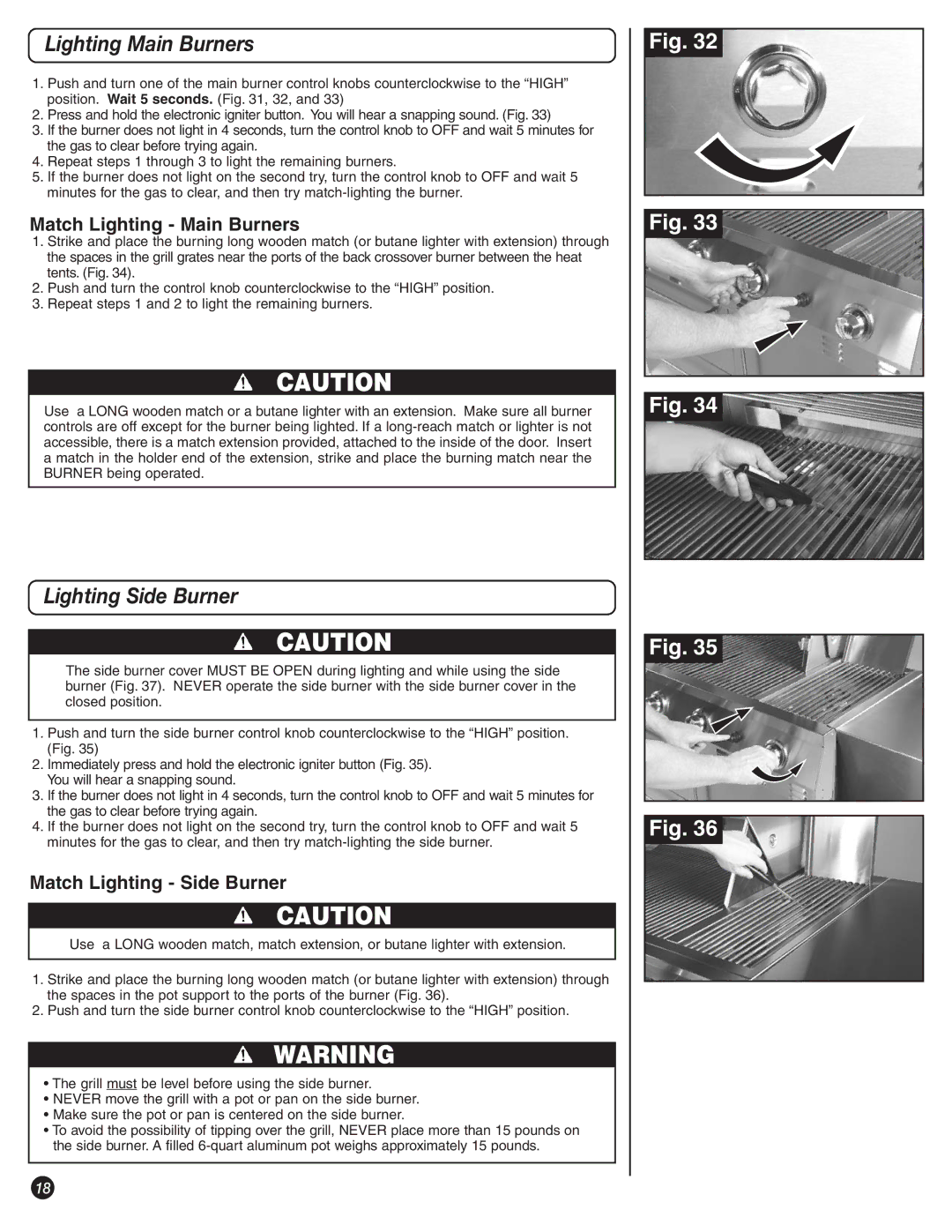 Coleman 9992-645 manual Match Lighting Main Burners, Match Lighting Side Burner 