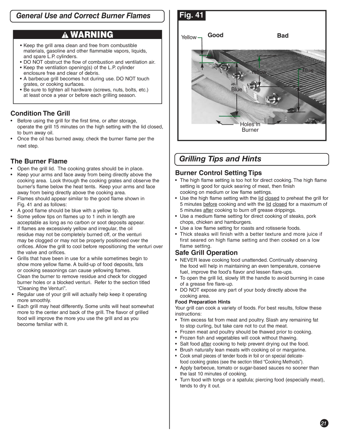 Coleman 9992-645 manual General Use and Correct Burner Flames, Grilling Tips and Hints 