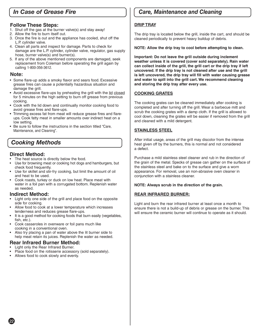 Coleman 9992-645 manual Case of Grease Fire, Cooking Methods, Care, Maintenance and Cleaning 