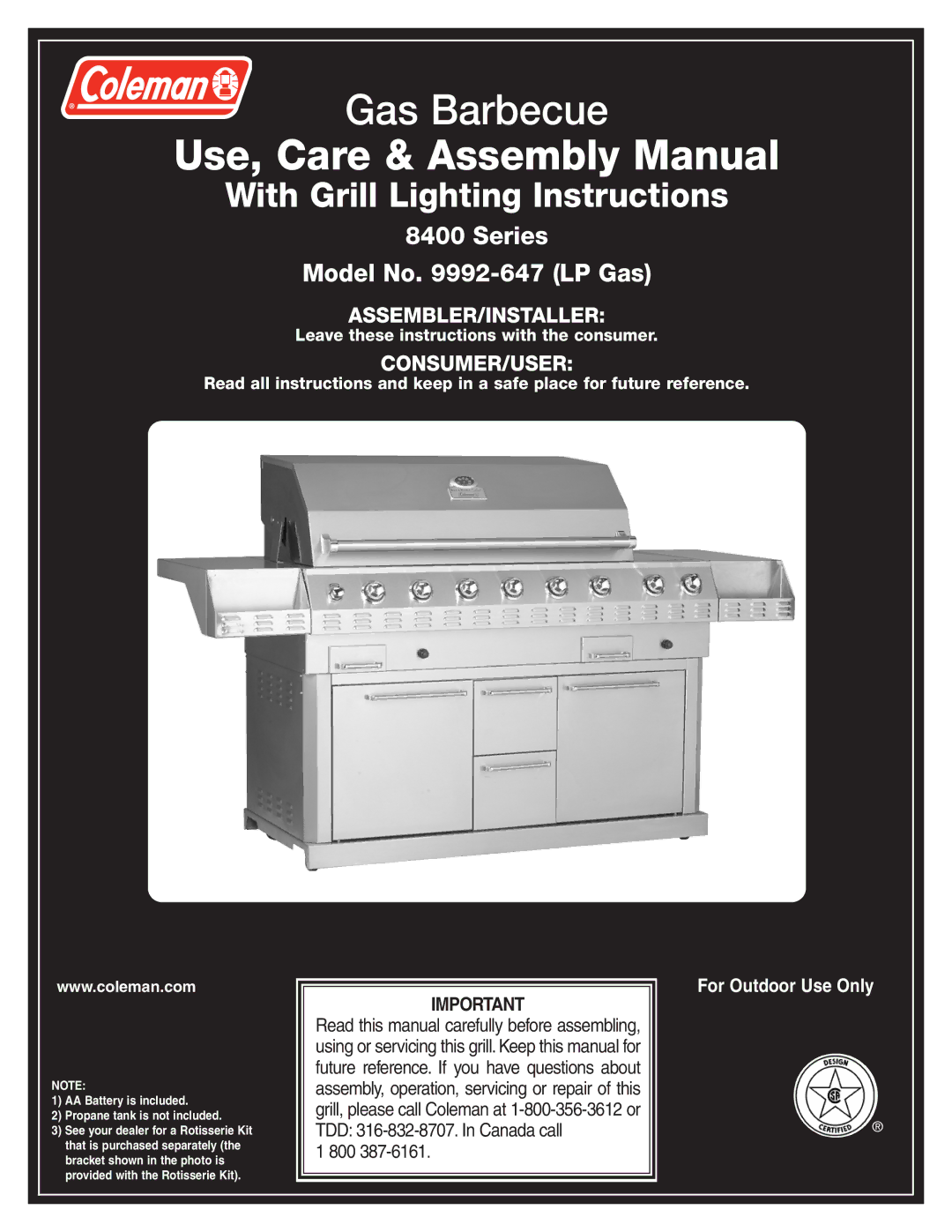 Coleman 9992-647 manual Use, Care & Assembly Manual 