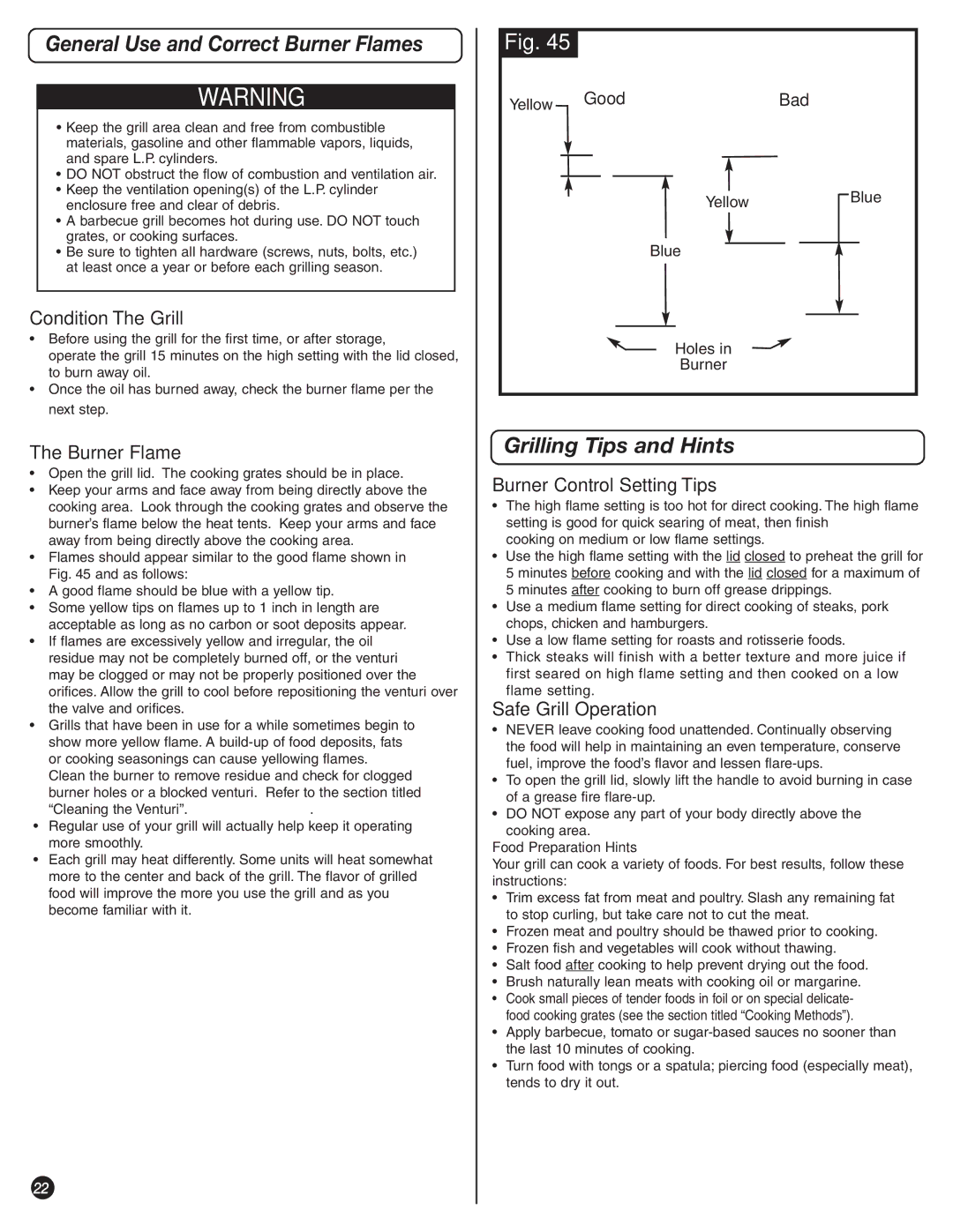 Coleman 9992-647 manual General Use and Correct Burner Flames, Grilling Tips and Hints 