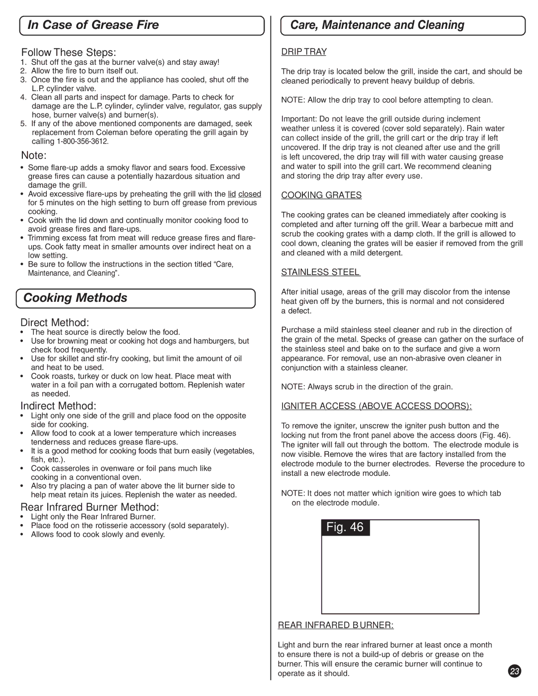 Coleman 9992-647 manual Case of Grease Fire, Cooking Methods, Care, Maintenance and Cleaning 