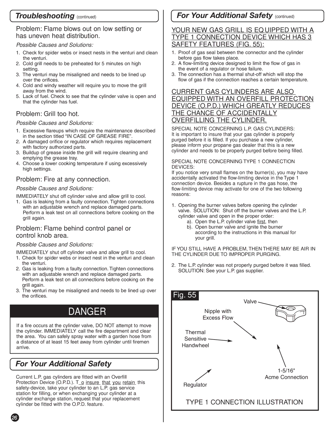 Coleman 9992-647 manual For Your Additional Safety, Problem Grill too hot, Problem Fire at any connection 