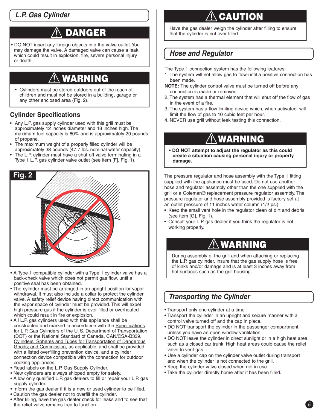 Coleman 9992-647 manual Transporting the Cylinder, Cylinder Specifications 