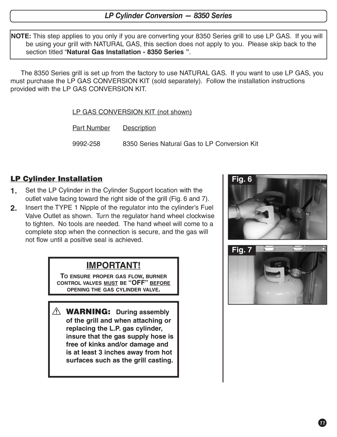 Coleman 9992-648 manual LP Cylinder Conversion 8350 Series, LP Cylinder Installation 