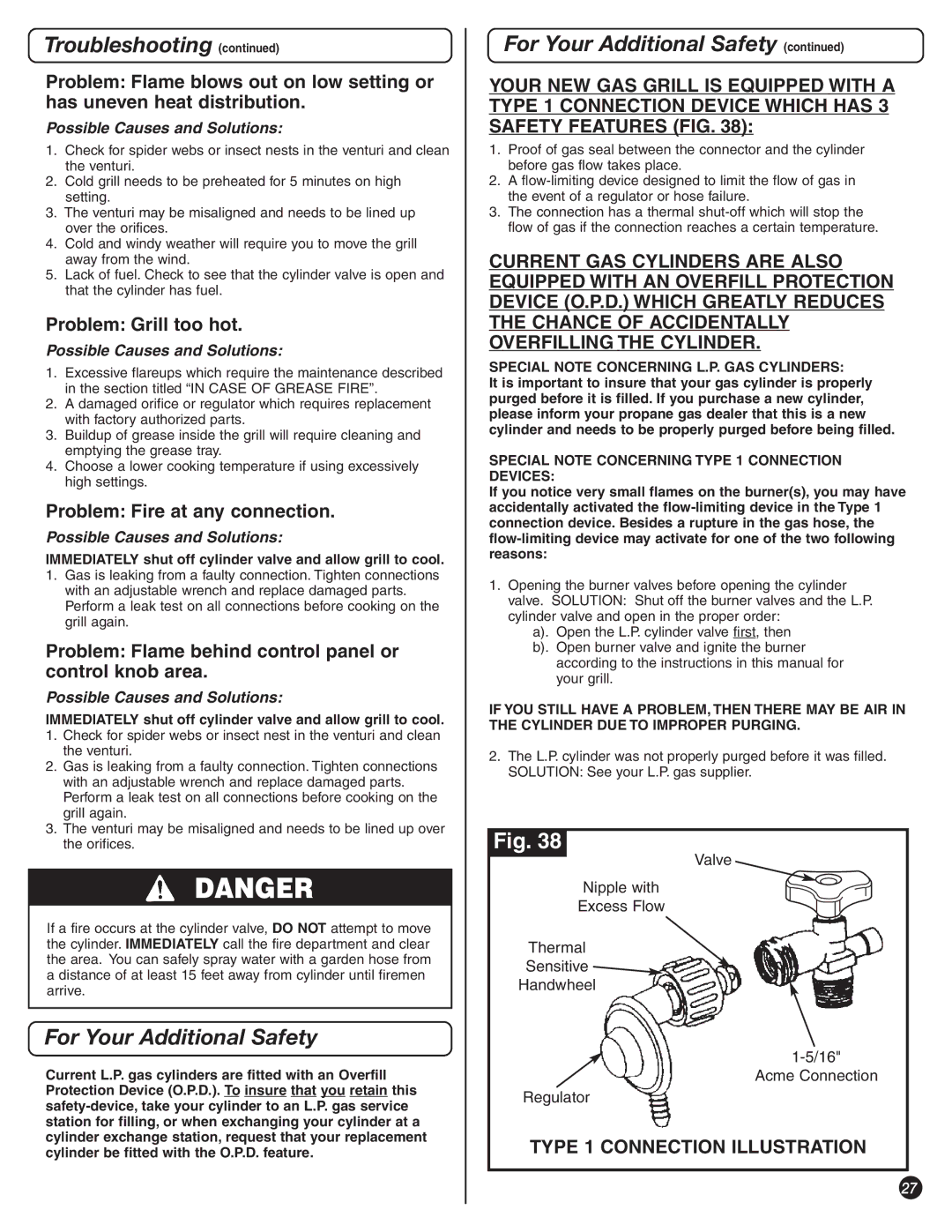 Coleman 8350 Series, 9992-648 manual For Your Additional Safety, Problem Grill too hot, Problem Fire at any connection 