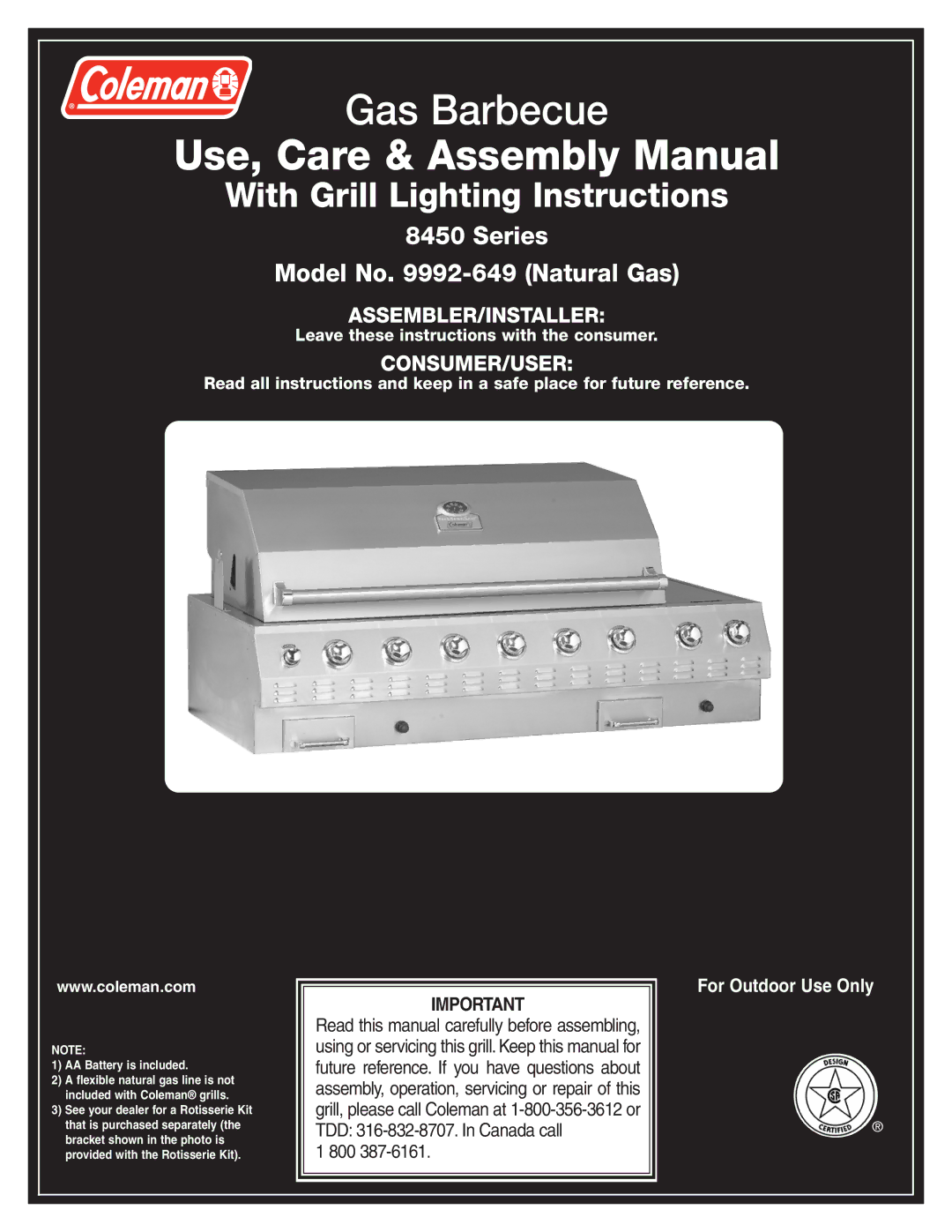 Coleman 8450 Series, 9992-649 manual Use, Care & Assembly Manual 