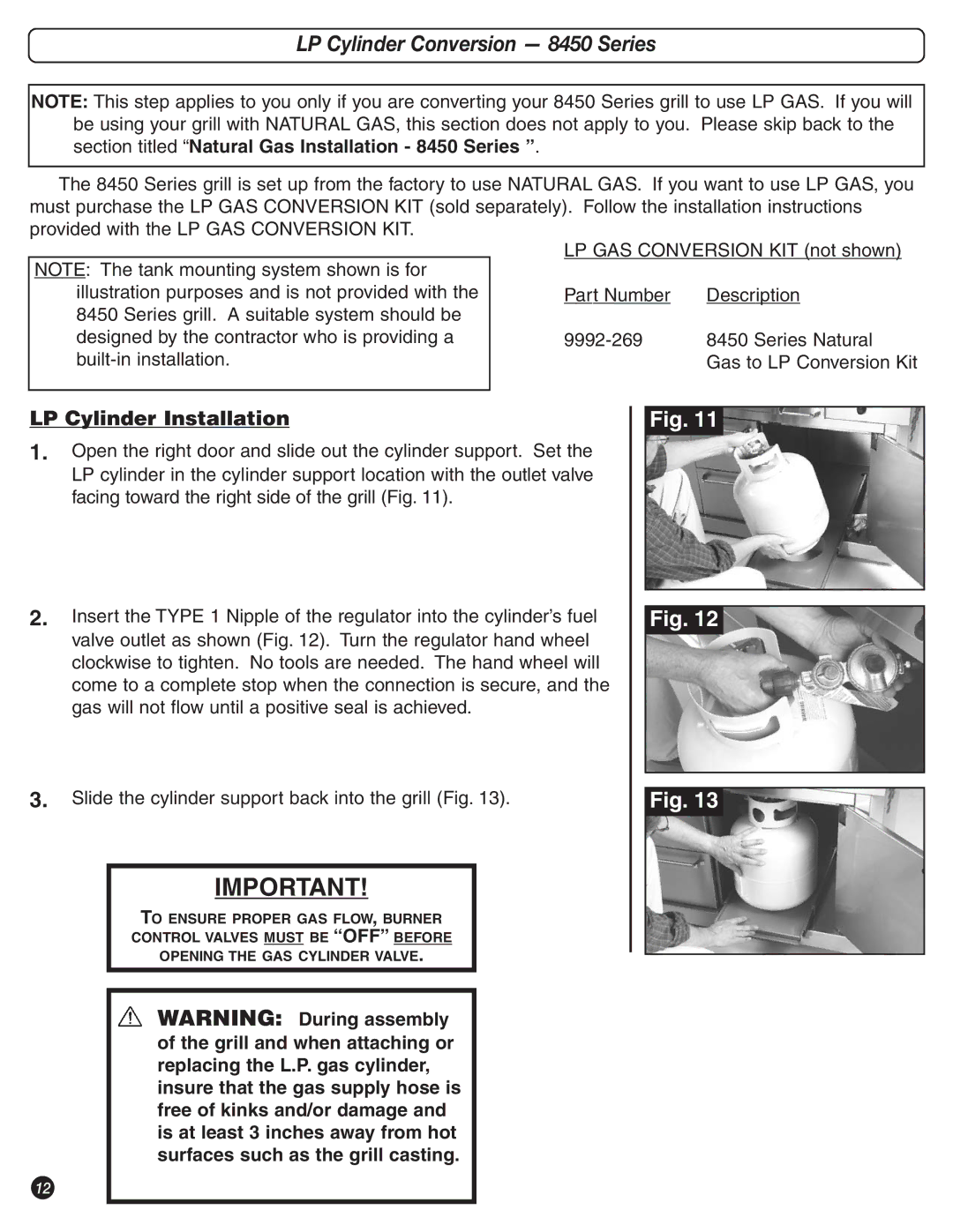 Coleman 9992-649 manual LP Cylinder Conversion 8450 Series, LP Cylinder Installation 