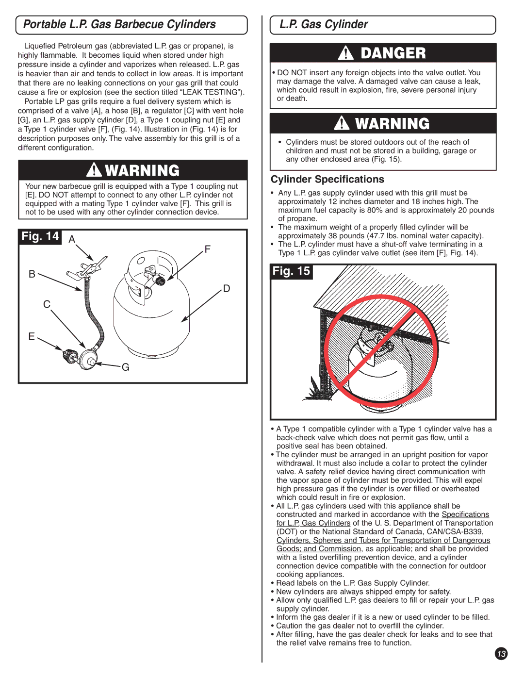 Coleman 8450 Series, 9992-649 manual Portable L.P. Gas Barbecue Cylinders, Gas Cylinder, Cylinder Specifications 