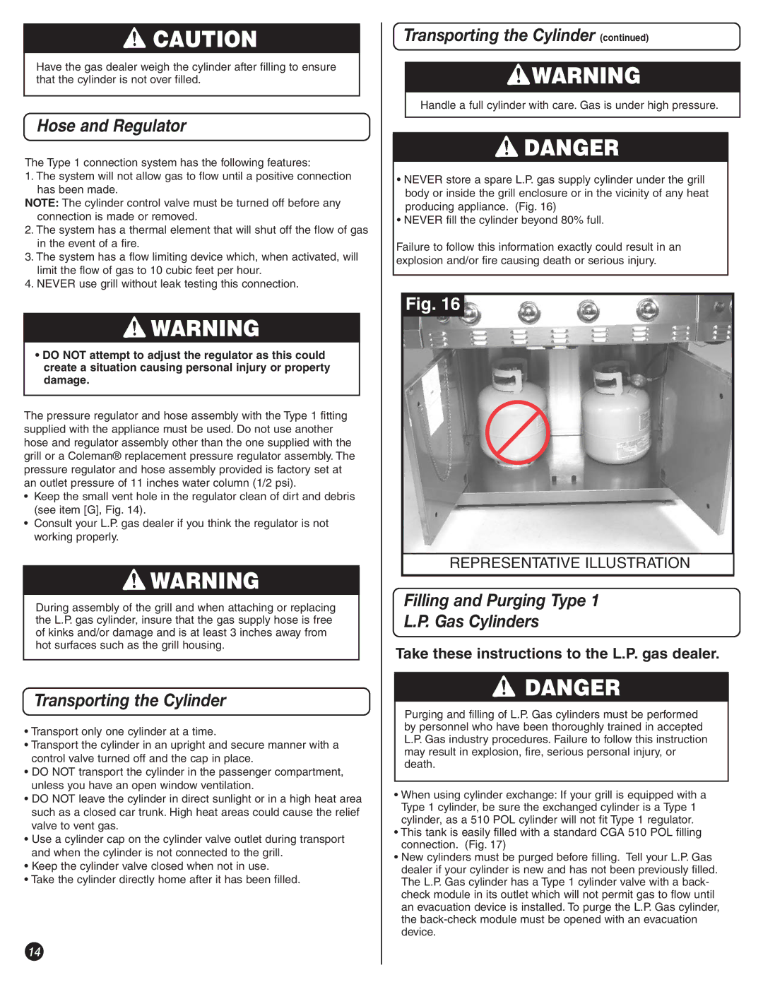 Coleman 9992-649, 8450 Series manual Hose and Regulator, Transporting the Cylinder, Filling and Purging Type Gas Cylinders 