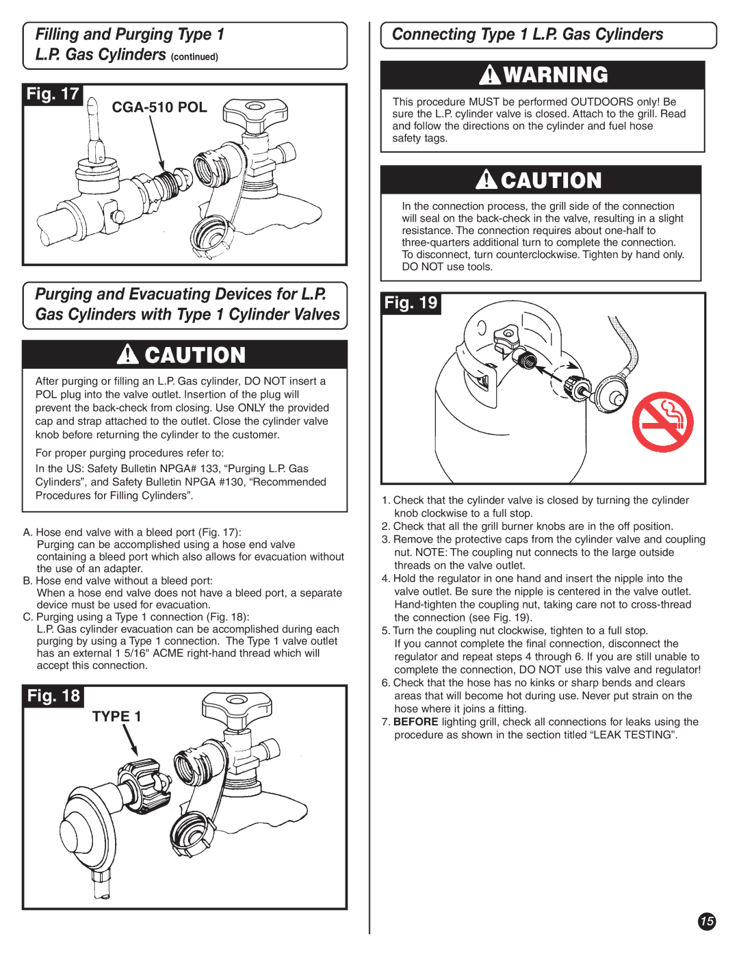 Coleman 8450 Series, 9992-649 manual Connecting Type 1 L.P. Gas Cylinders 