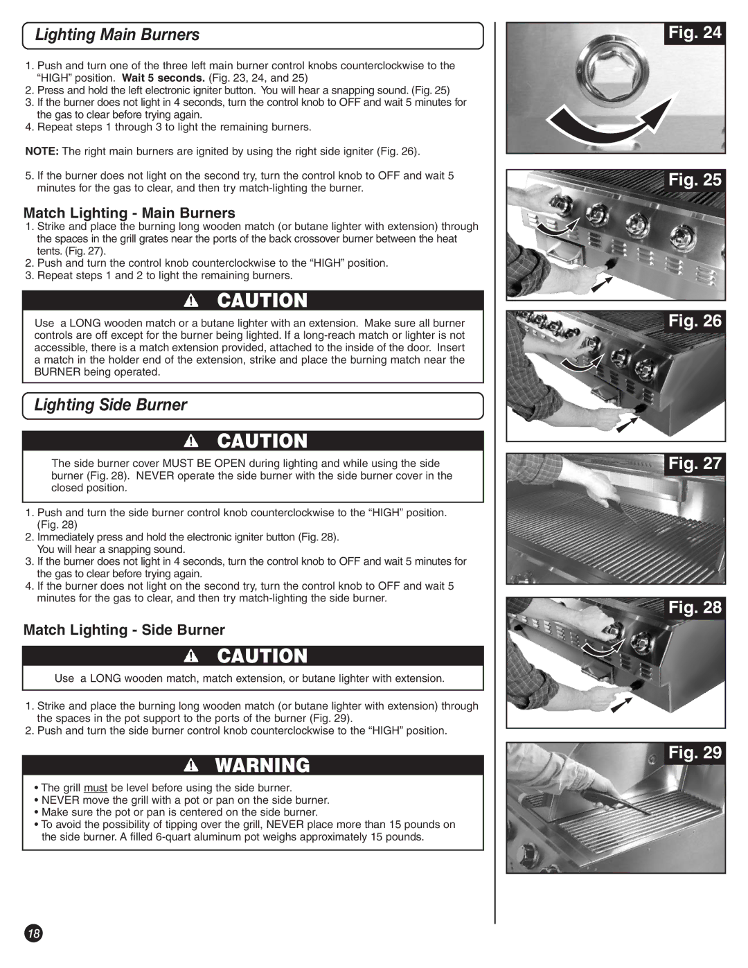 Coleman 9992-649, 8450 Series manual Match Lighting Main Burners, Match Lighting Side Burner 