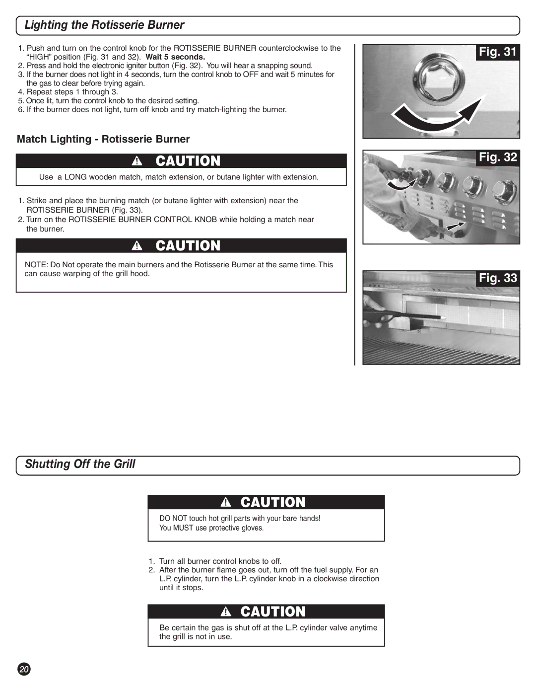 Coleman 9992-649, 8450 Series Lighting the Rotisserie Burner, Shutting Off the Grill, Match Lighting Rotisserie Burner 