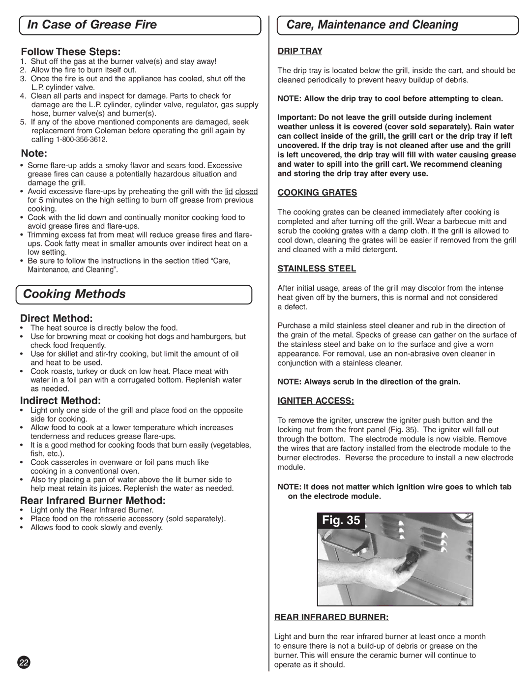 Coleman 9992-649, 8450 Series manual Case of Grease Fire, Cooking Methods, Care, Maintenance and Cleaning 