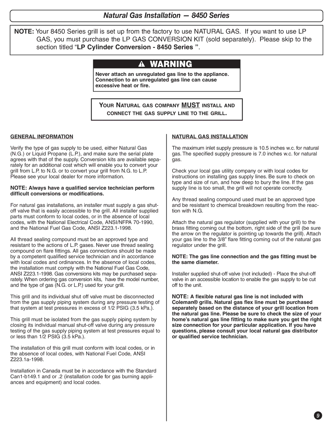 Coleman 9992-649 manual Natural Gas Installation 8450 Series, General Information, Natural GAS Installation 