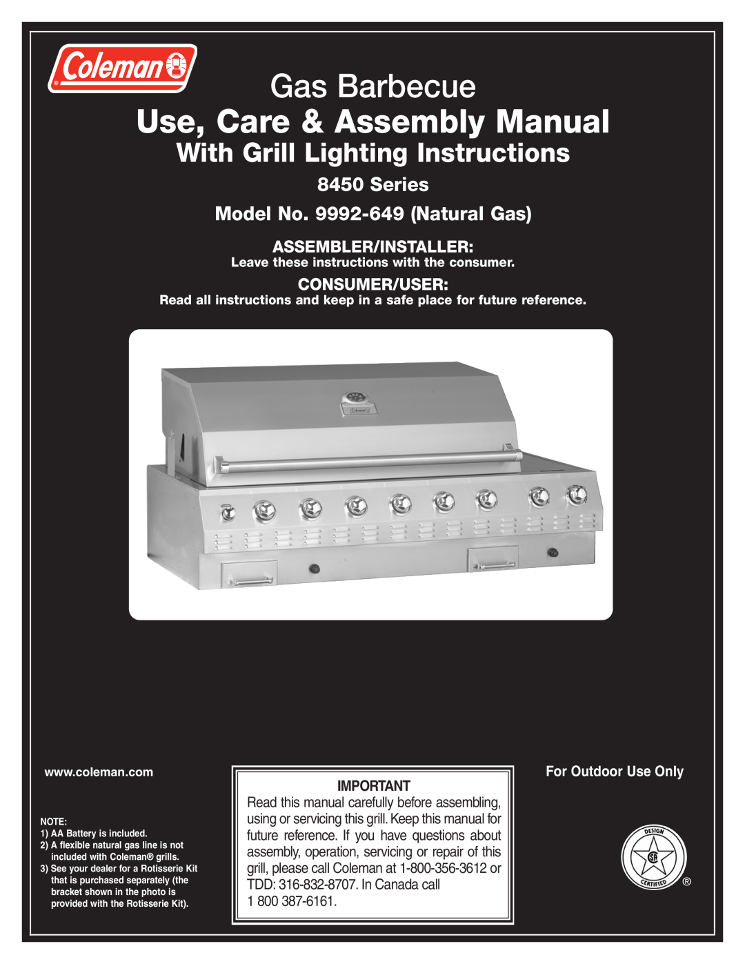 Coleman 8450 Series, 9992-649 manual For Outdoor Use Only, Gas Barbecue, Use, Care & Assembly Manual, Assembler/Installer 